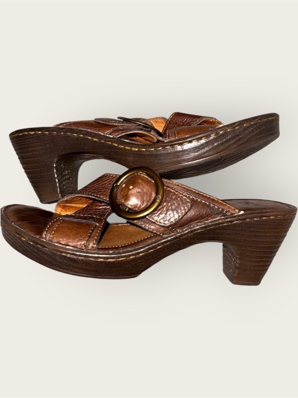 Born Brown Leather Cross-Strap Slide Sandals with Buckle Sz 8